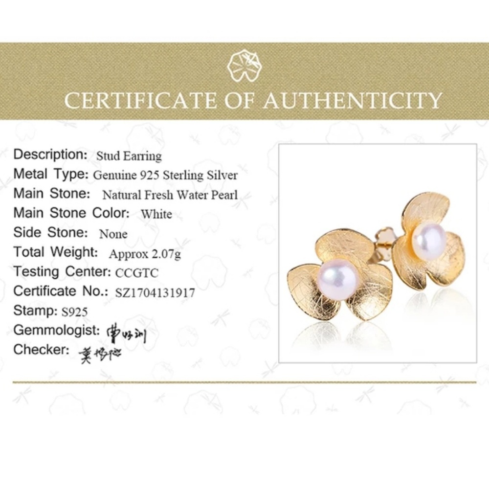 Handmade .925 Silver Gold Pearl Flower Leaf - Picture 4 of 6